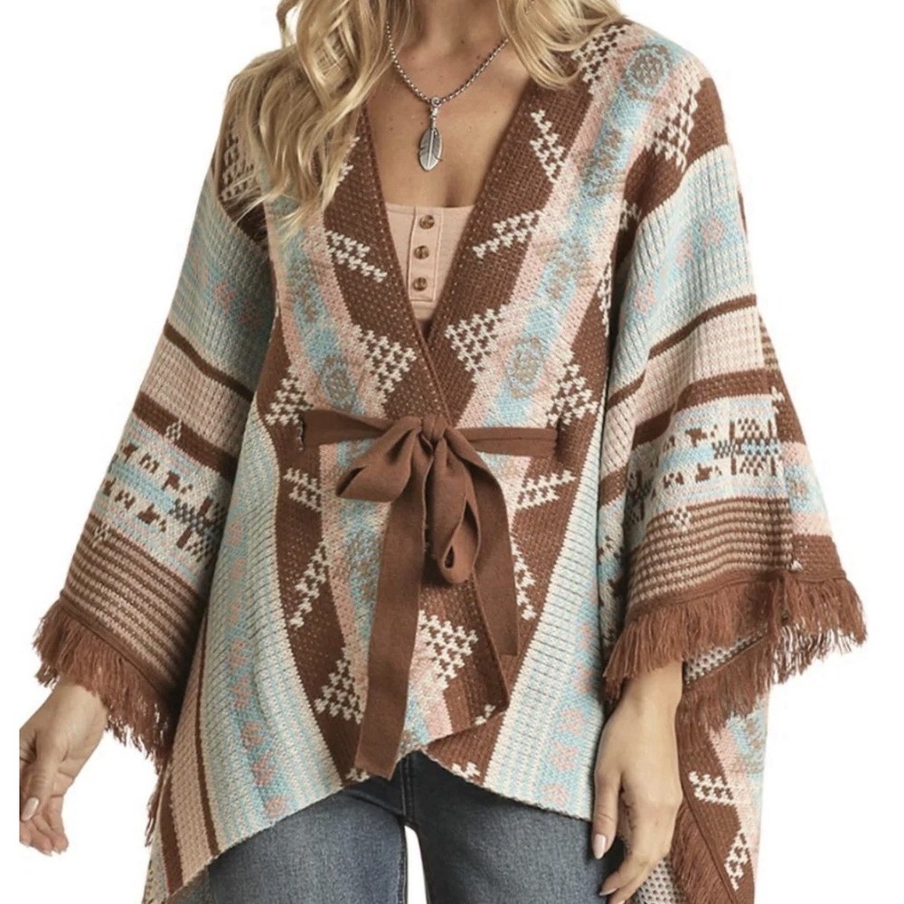 Rock & Roll Denim Western Cowgirl Knit Aztec Print Fringe Poncho Size L/XL